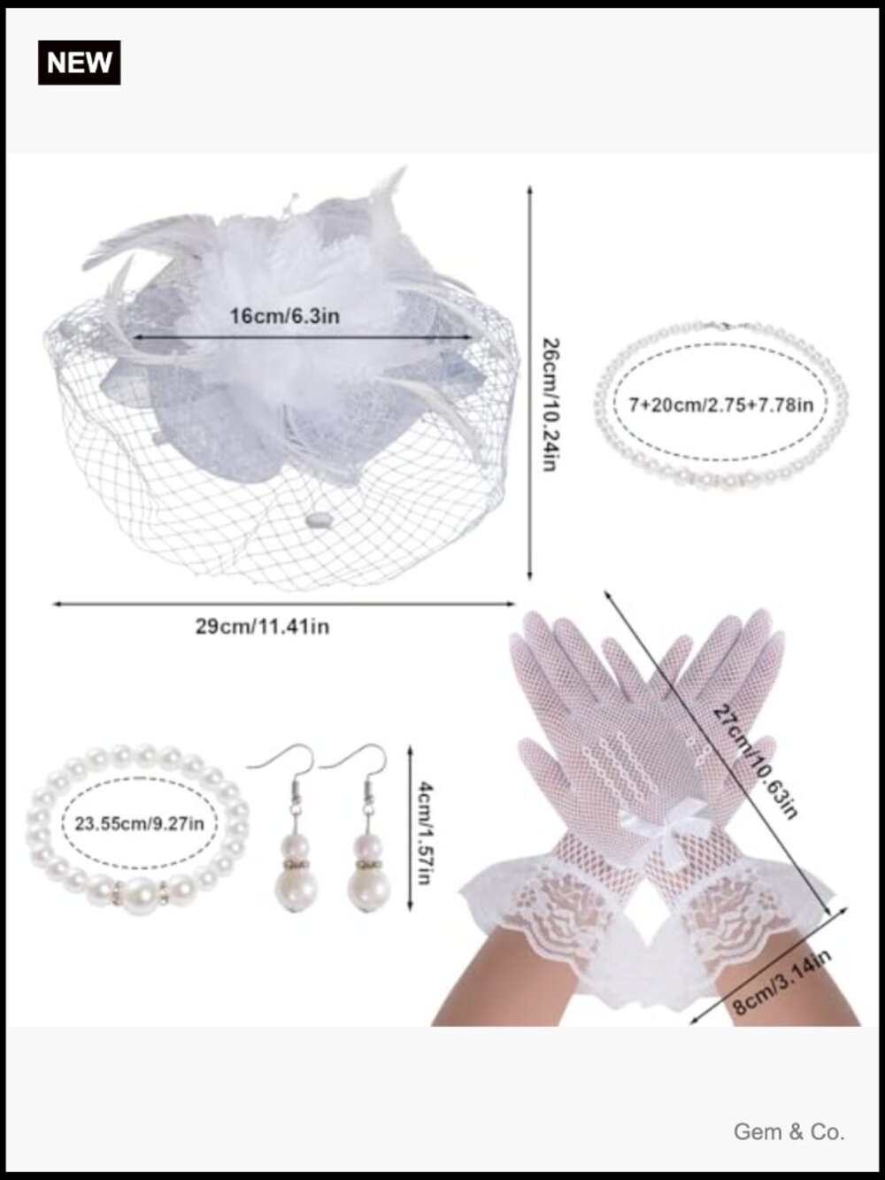 Tea Party Hat and Gloves Set - Fascinator with Pearl Jewelry - Picture 2 of 6